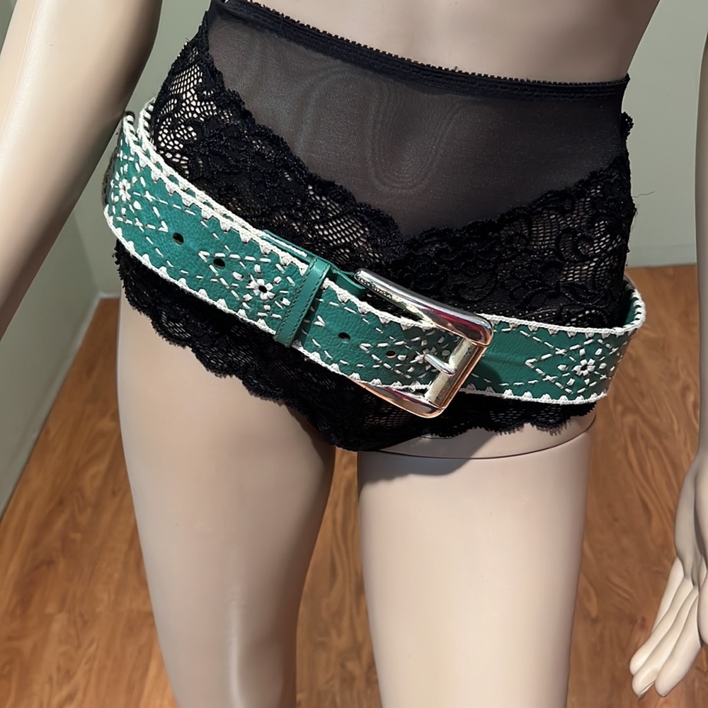 Michael By Michael Kors Blue Green Leather Belt With White Embroidery Size L